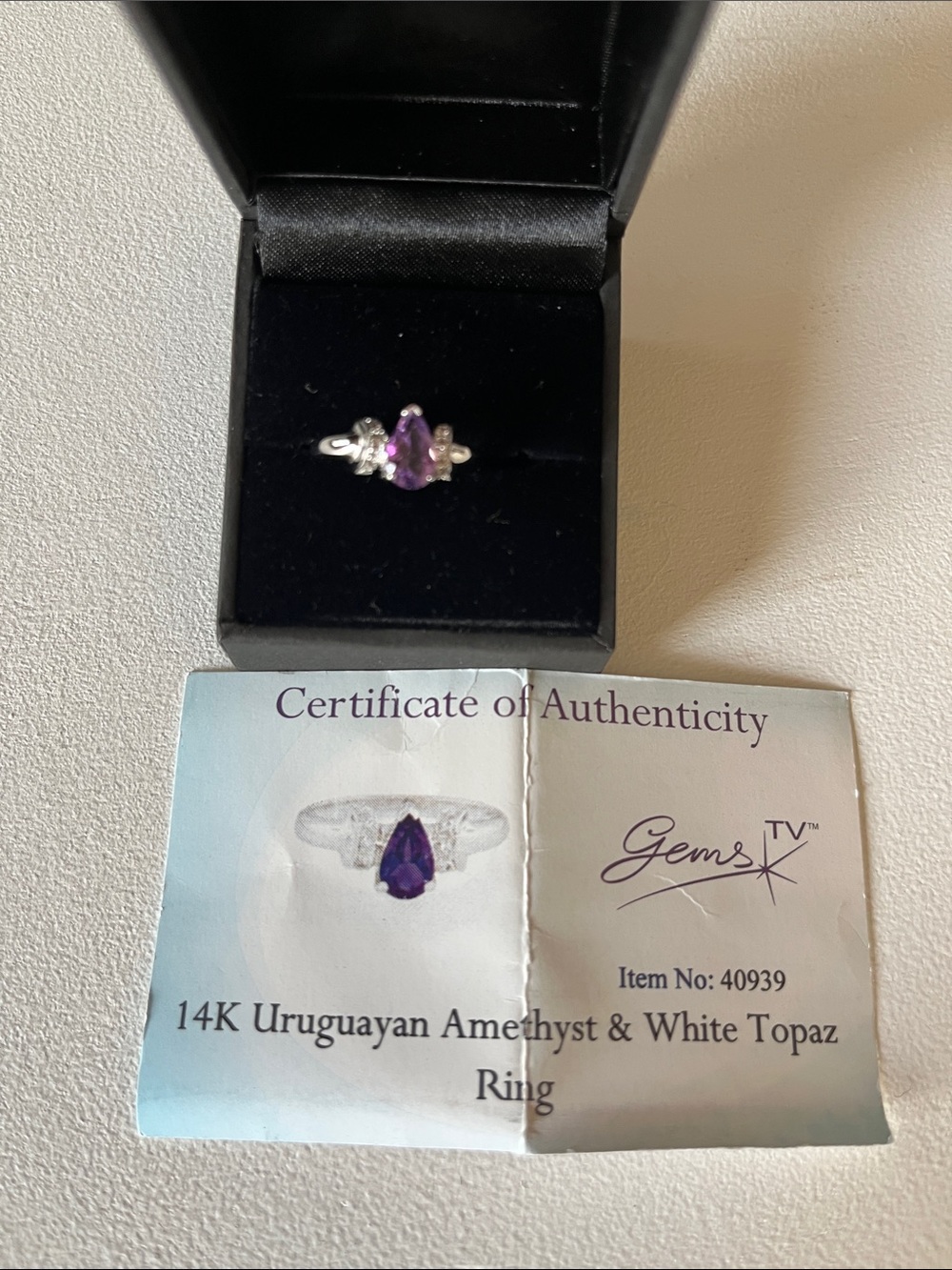 14K Uruguayan Amethyst & White Topaz Teardrop Ring - Purple